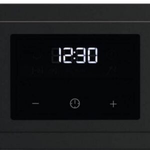 Panneau de commande noir équipé de deux boutons rotatifs et d'un affichage numérique central indiquant 12 h 30 — conçu pour le four ELECTROLUX EOF3C40TH.