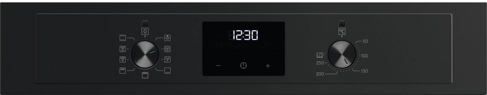 Panneau de commande noir équipé de deux boutons rotatifs et d'un affichage numérique central indiquant 12 h 30 — conçu pour le four ELECTROLUX EOF3C40TH.