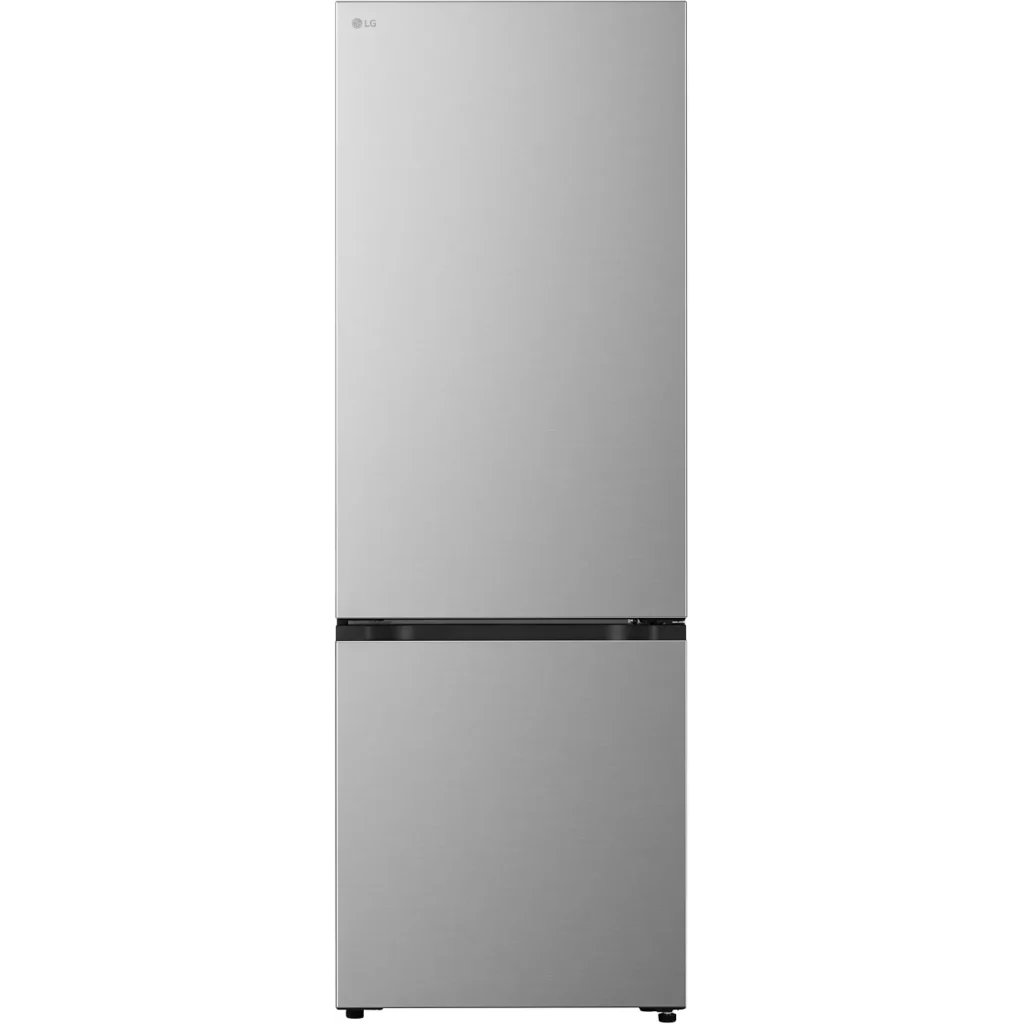 Un réfrigérateur LG GBBW322DPY de couleur argent, à deux portes et avec le congélateur en bas, présenté sur un fond blanc uni.