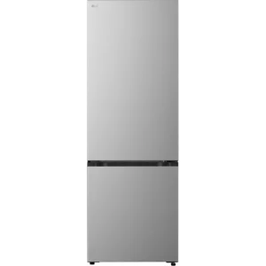 Un réfrigérateur LG GBBW322DPY de couleur argent, à deux portes et avec le congélateur en bas, présenté sur un fond blanc uni.