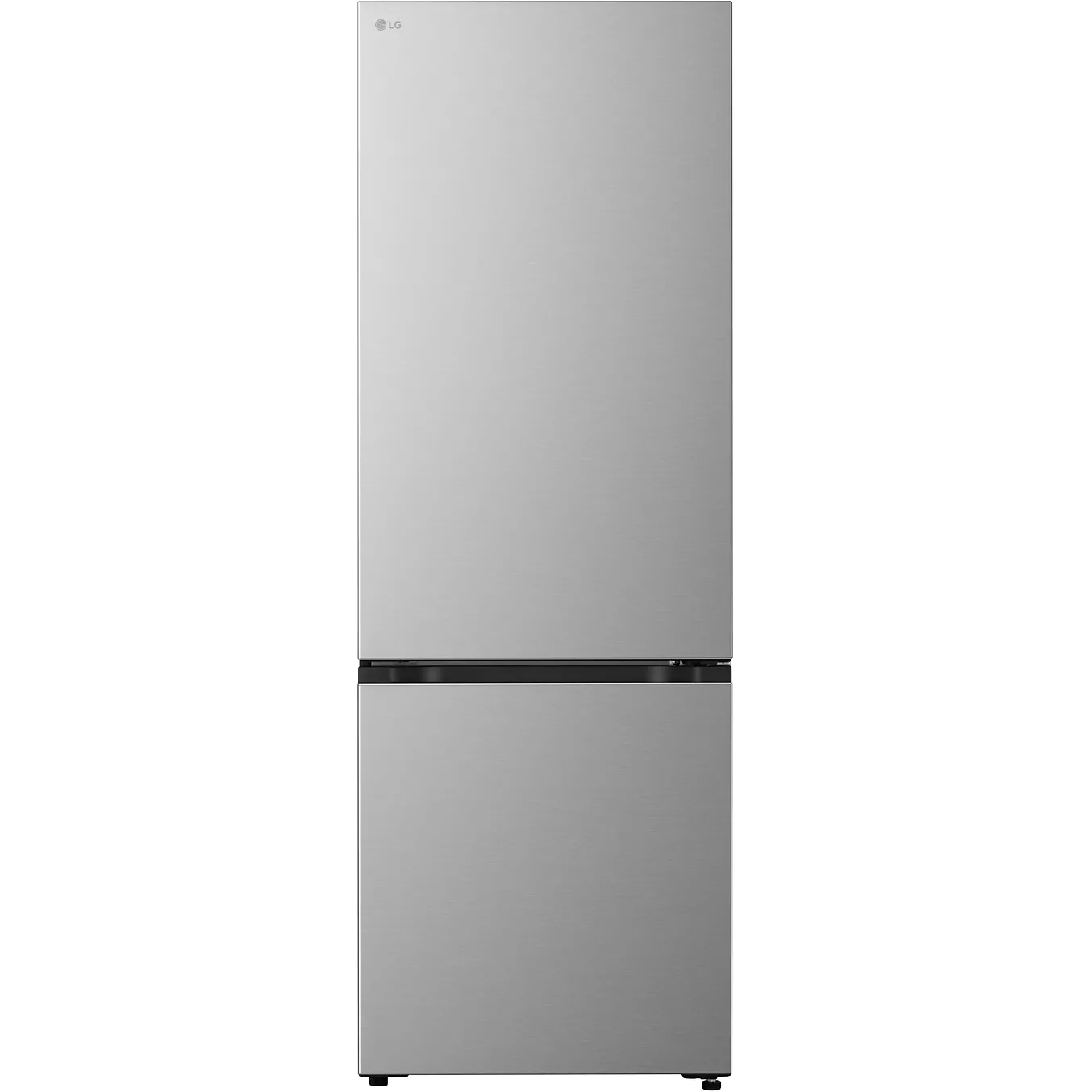 Un réfrigérateur LG GBBW322DPY de couleur argent, à deux portes et avec le congélateur en bas, présenté sur un fond blanc uni.