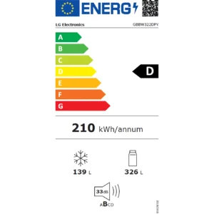 Étiquette énergétique du LG GBBW322DPY : classe énergétique D, consommation annuelle d'énergie de 210 kWh, capacité du congélateur de 139 L, capacité du réfrigérateur de 326 L, niveau sonore de 33 dB.