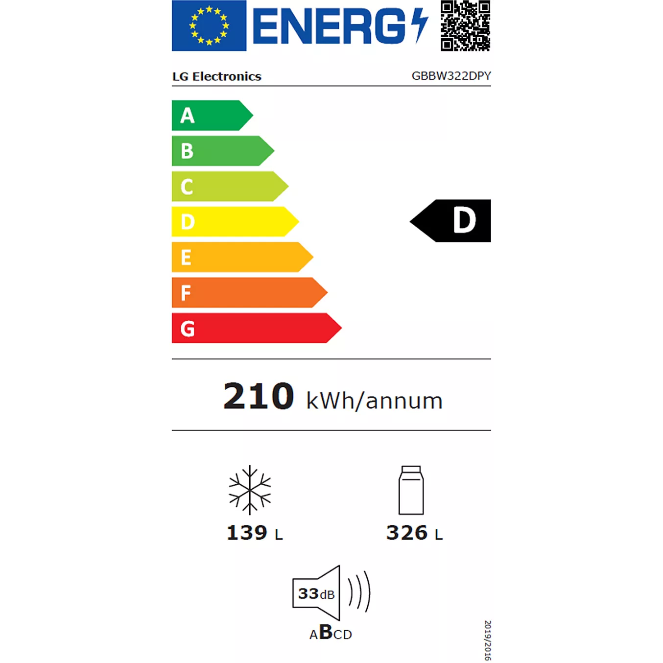 Étiquette énergétique du LG GBBW322DPY : classe énergétique D, consommation annuelle d'énergie de 210 kWh, capacité du congélateur de 139 L, capacité du réfrigérateur de 326 L, niveau sonore de 33 dB.