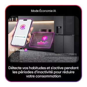 Une main tient un LG GBBW322DPY, sur lequel s'affiche l'écran d'une application, à côté d'une cuisine équipée d'appareils connectés et d'un graphique numérique représentant la consommation d'énergie.