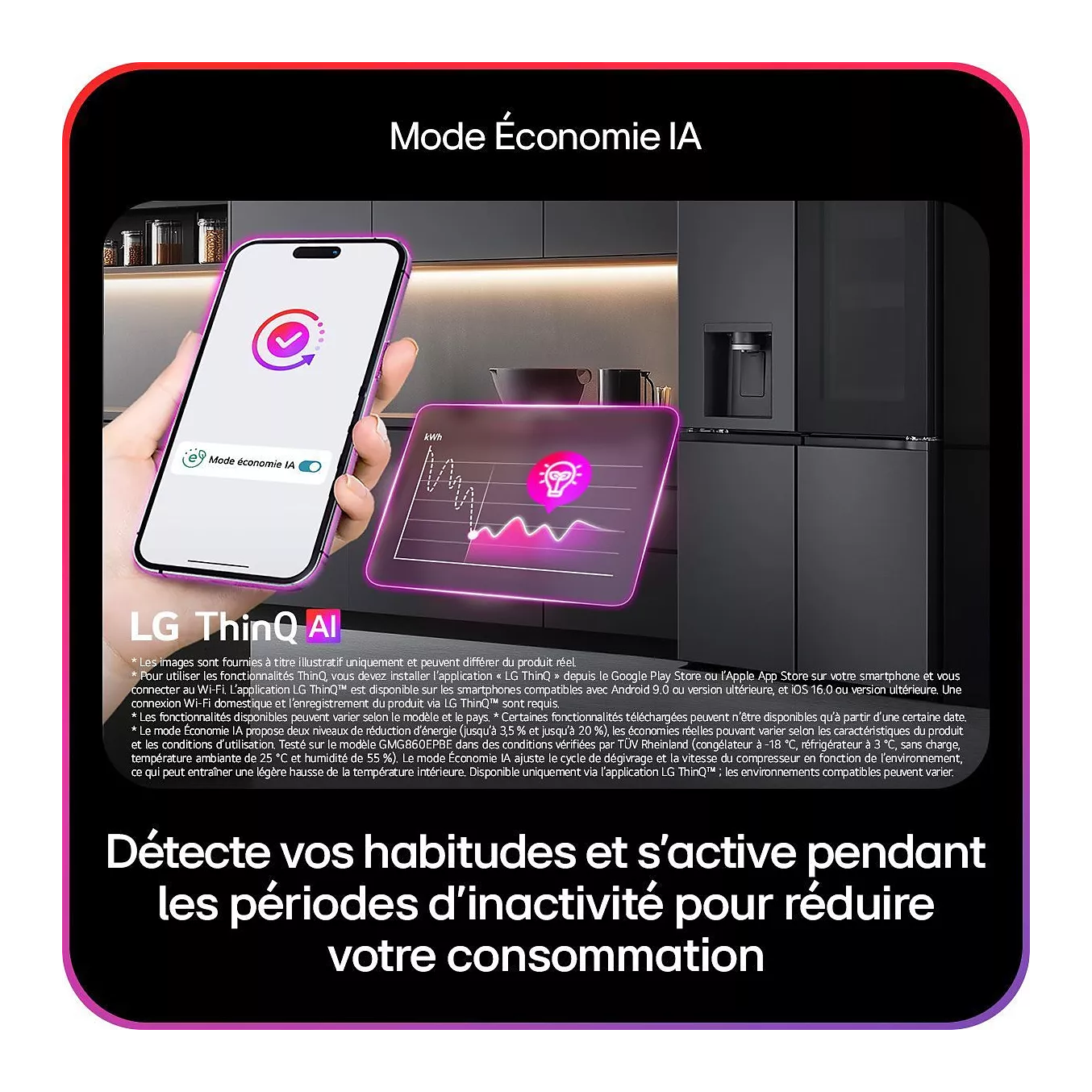 Une main tient un LG GBBW322DPY, sur lequel s'affiche l'écran d'une application, à côté d'une cuisine équipée d'appareils connectés et d'un graphique numérique représentant la consommation d'énergie.