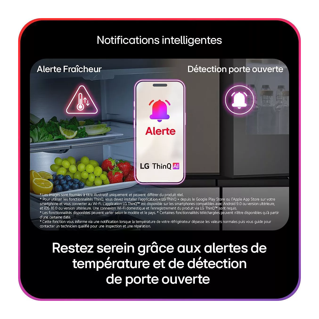 On voit un réfrigérateur LG GBBW322DPY ouvert, contenant des fruits et des légumes, tandis qu'un téléphone affiche une alerte devant lui.