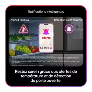 Un réfrigérateur LG GBBW322DPY ouvert affiche des notifications de fraîcheur et d'ouverture de porte sur l'écran d'un smartphone connecté.
