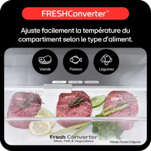 Trois steaks crus, agrémentés d'herbes aromatiques et de rondelles de citron, sont soigneusement rangés dans un tiroir du réfrigérateur portant les étiquettes « viande », « poisson » et « légumes », ce qui met en valeur les fonctionnalités de rangement bien pensées du LG GBBW322DPY.