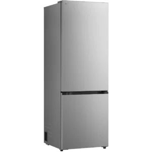 Le réfrigérateur LG GBBW322DPY de couleur argent, doté de deux portes et d'un compartiment congélateur en bas, est représenté debout sur un fond blanc.