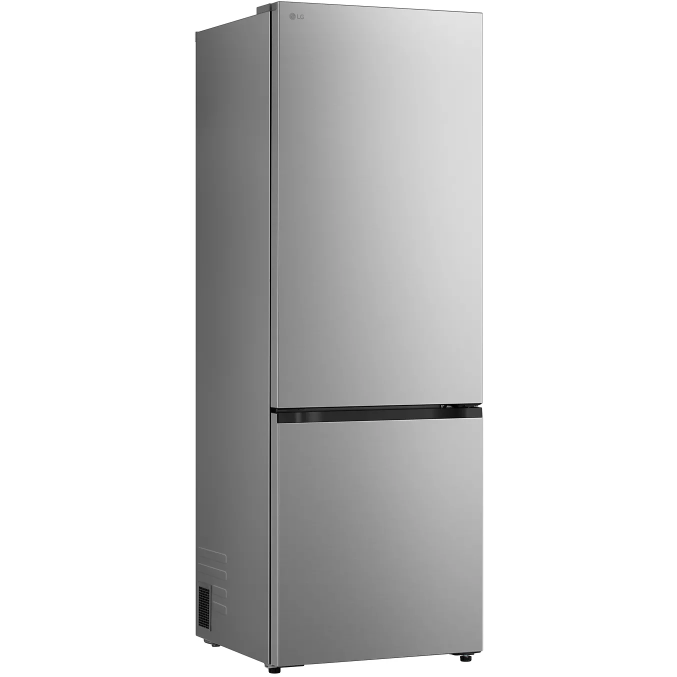 Le réfrigérateur LG GBBW322DPY de couleur argent, doté de deux portes et d'un compartiment congélateur en bas, est représenté debout sur un fond blanc.