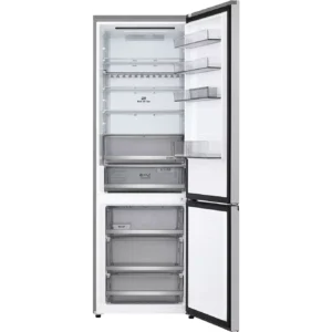 Ouvrez le réfrigérateur à deux portes LG GBBW322DPY, composé d'un compartiment réfrigérateur en haut et d'un compartiment congélateur en bas, dont les étagères et les tiroirs sont vides.