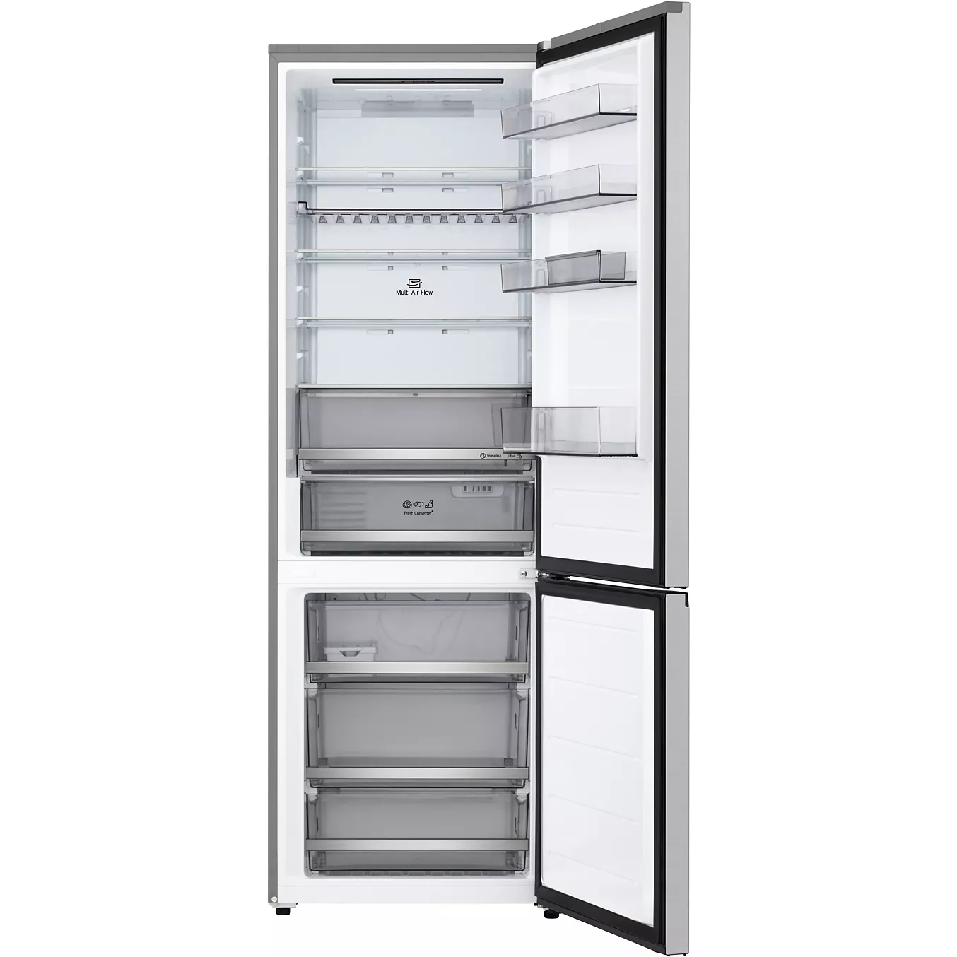 Ouvrez le réfrigérateur à deux portes LG GBBW322DPY, composé d'un compartiment réfrigérateur en haut et d'un compartiment congélateur en bas, dont les étagères et les tiroirs sont vides.