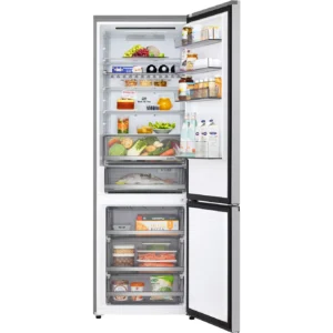 Ouvrez le réfrigérateur LG GBBW322DPY, qui contient des fruits, des légumes, des boissons, des œufs, des produits laitiers et toute une gamme de produits surgelés dans le compartiment congélateur situé en bas.