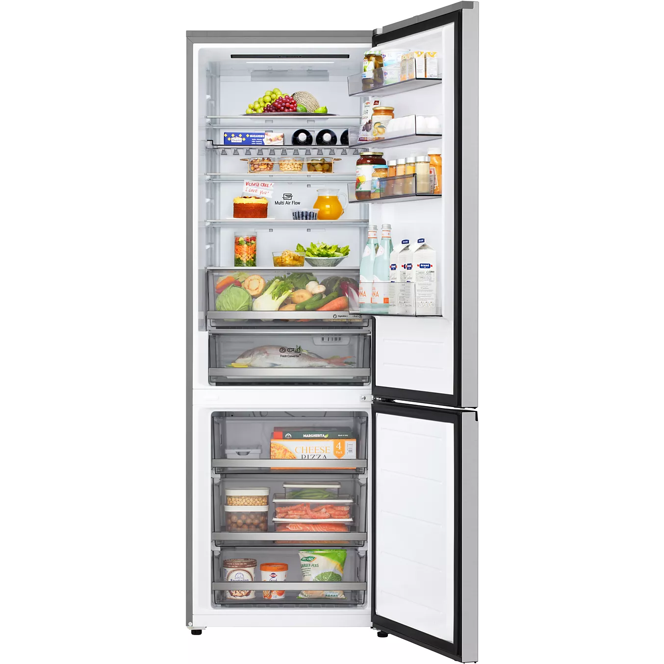 Ouvrez le réfrigérateur LG GBBW322DPY, qui contient des fruits, des légumes, des boissons, des œufs, des produits laitiers et toute une gamme de produits surgelés dans le compartiment congélateur situé en bas.