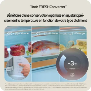 Bien sûr ! Voici une version réécrite à partir des informations sur votre produit : sur le panneau de commande du réfrigérateur numérique LG GBBW322DPY, lorsque la température est réglée sur -3 °C, la viande, le poisson et le fromage apparaissent dans leurs compartiments respectifs.