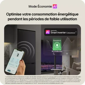 Une main tient un smartphone devant un réfrigérateur, affichant sur l'écran de ce dernier le mode d'économie d'énergie basé sur l'IA du LG GBBW322DPY.