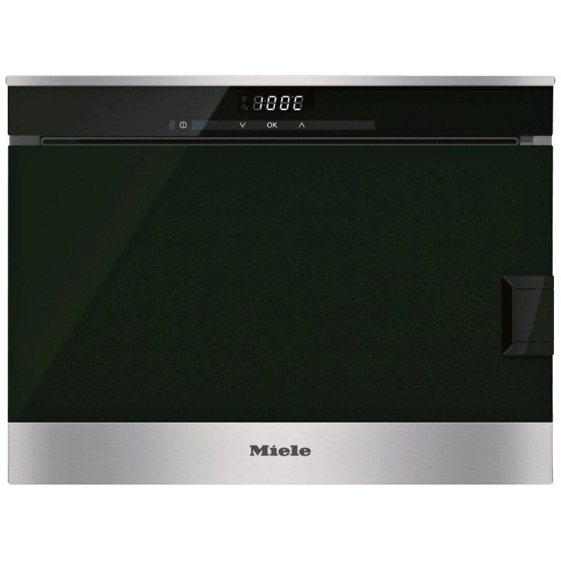 Un tiroir chauffant encastrable MIELE DG6019NR, doté d'une façade en verre noir, de finitions en acier inoxydable, d'un affichage numérique et d'une poignée, complète à merveille votre installation de four à vapeur.