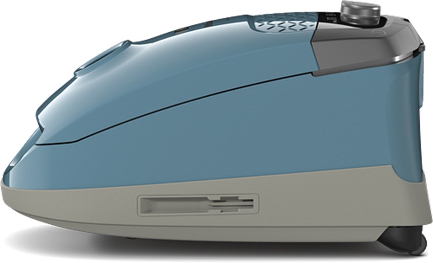 Unité de base du fer à vapeur Miele GUARD S1 BLEU NORDIQUE FLEX, de couleur bleue et grise, avec bouton de commande et réservoir d'eau BLEU NORDIQUE FLEX, vue de profil.