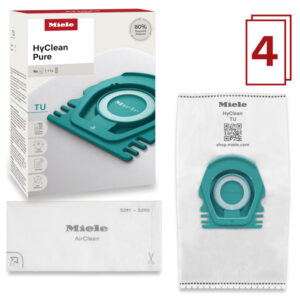Le coffret MIELE HYCLEAN PURE TU, contenant un sac d'aspirateur HyClean Pure TU et un filtre, est présenté avec un « 4 » rouge dans un encadré en haut à droite.