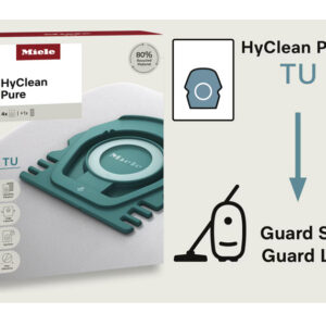 Boîte de sacs d'aspirateur MIELE HYCLEAN PURE TU accompagnée d'un schéma indiquant leur compatibilité avec les modèles MIELE Guard S1 et Guard L1.