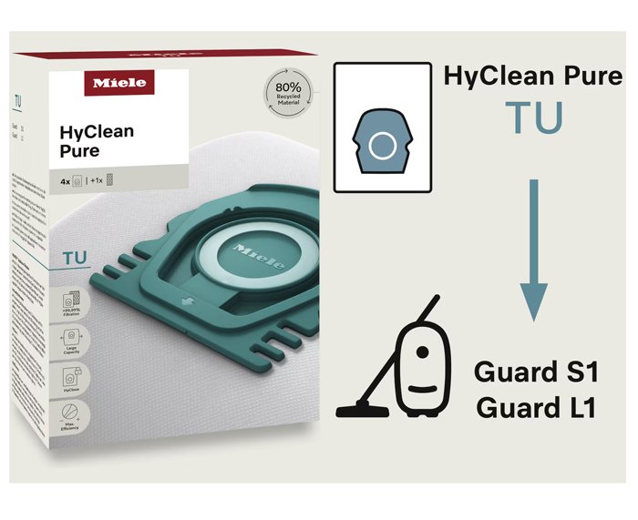 Boîte de sacs d'aspirateur MIELE HYCLEAN PURE TU accompagnée d'un schéma indiquant leur compatibilité avec les modèles MIELE Guard S1 et Guard L1.