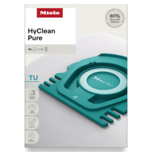 La boîte de sachets sous vide MIELE HYCLEAN PURE TU contient un sachet sous vide de couleur bleu sarcelle et porte une étiquette indiquant « 80 % de matériaux recyclés ».