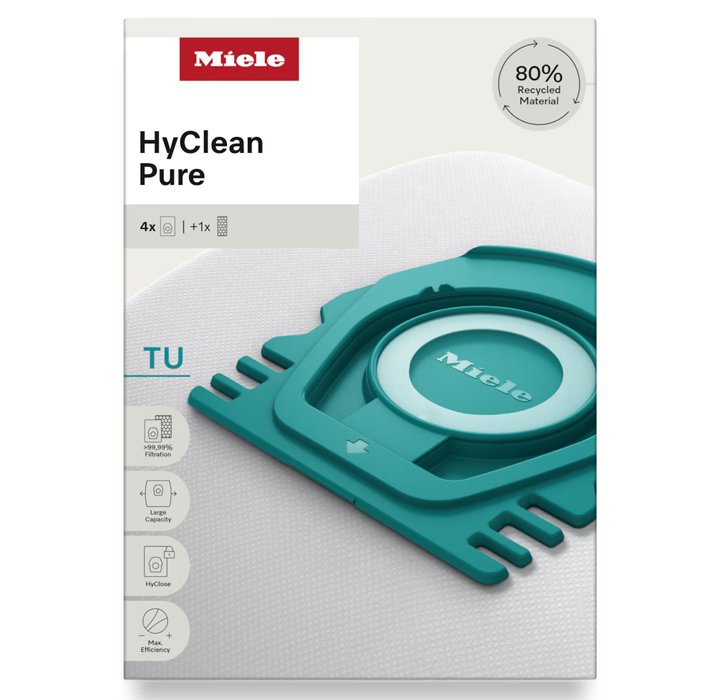 La boîte de sachets sous vide MIELE HYCLEAN PURE TU contient un sachet sous vide de couleur bleu sarcelle et porte une étiquette indiquant « 80 % de matériaux recyclés ».