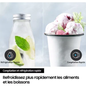Phrase améliorée : Une bouteille en verre rafraîchissante remplie de citron vert et de menthe, ainsi qu'une coupe de glace aux fruits rouges, toutes deux conçues pour être rapidement refroidies ou congelées, permettent de tirer pleinement parti des fonctionnalités de pointe du réfrigérateur SAMSUNG RB50DG601ES9.