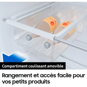 Un tiroir coulissant en plastique transparent du réfrigérateur SAMSUNG RB50DG601ES9 peut contenir deux bouteilles ; une inscription en français indique qu'il est pratique pour ranger de petits objets.