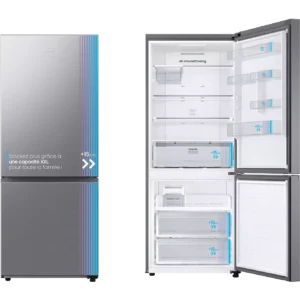 Découvrez le confort moderne avec le SAMSUNG RB50DG601ES9, un réfrigérateur en acier inoxydable à deux portes, dont l'une est ouverte et l'autre fermée, mettant clairement en valeur ses étagères spacieuses et ses compartiments de rangement.