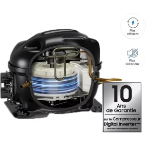 Voici une version remaniée à partir des données de votre produit : une vue en coupe du compresseur à inverseur numérique du modèle SAMSUNG RB50DG601ES9, sur laquelle figurent une étiquette de garantie et des icônes mettant en avant son efficacité énergétique et son fonctionnement silencieux.