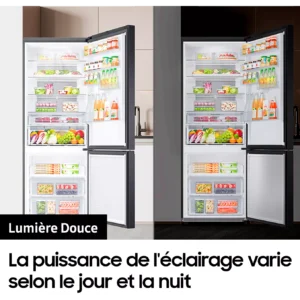 Deux réfrigérateurs, dont l'élégant modèle SAMSUNG RB50DG601ES9, sont exposés — l'un baigné d'une lumière tamisée, l'autre sous un éclairage vif —, avec des aliments et des boissons soigneusement rangés sur chaque étagère.