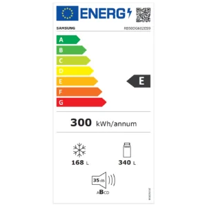 Étiquette énergétique du modèle SAMSUNG RB50DG601ES9 : classe énergétique E, consommation annuelle de 300 kWh, capacité du congélateur de 168 L, capacité du réfrigérateur de 340 L et niveau sonore de 35 dB.