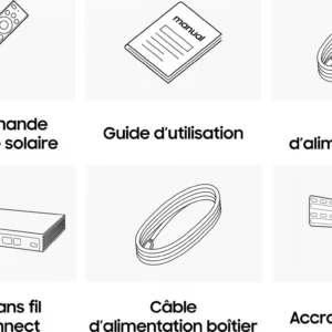 Six dessins au trait annotés : la télécommande du SAMSUNG TQ65LS03HW, le mode d'emploi, le câble d'alimentation, le téléviseur, le carton d'emballage et le support mural.
