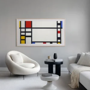 Ce salon moderne se distingue par des œuvres d'art abstraites accrochées aux murs, un mobilier aux tons neutres et une vue imprenable sur la ville grâce à de grandes baies vitrées. Le téléviseur SAMSUNG TQ65LS03HW s'intègre parfaitement au décor, rehaussant à la fois le style et l'expérience de divertissement de cet espace.