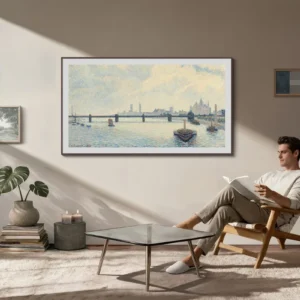 Un homme est en train de lire dans un salon moderne où l'on peut voir des tableaux encadrés, un téléviseur SAMSUNG TQ65LS03HW, une plante, une table basse et des bougies.