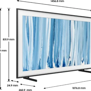 Téléviseur SAMSUNG TQ65LS03HW incliné, affichant à l'écran une œuvre d'art abstraite bleue, avec des indications de mesures en millimètres détaillées tout autour du cadre.