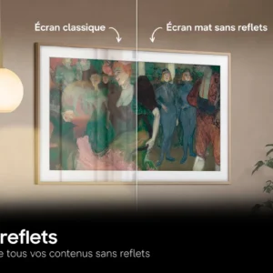 Une illustration murale met en parallèle les écrans classiques (brillants) et mats (antireflets), illustrant ainsi de manière frappante la différence que vous constaterez avec le SAMSUNG TQ65LS03HW.