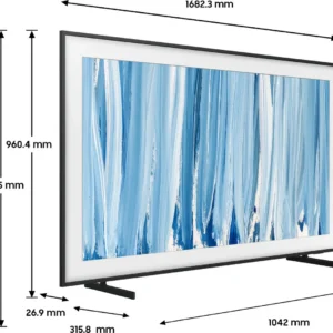 Vue de profil du téléviseur à écran plat SAMSUNG TQ75LS03HW, sur lequel s'affiche une œuvre d'art abstraite bleue, avec les dimensions précises indiquées en millimètres.