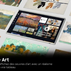 Un téléviseur à écran plat SAMSUNG TQ75LS03HW affiche diverses œuvres d'art célèbres, disposées parmi d'autres œuvres sur un fond clair.