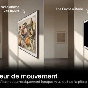 Une femme se tient à côté du téléviseur SAMSUNG TQ75LS03HW sur lequel sont affichées des œuvres d'art ; lorsqu'elle s'éloigne, l'écran devient noir et le téléviseur s'éteint.