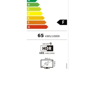 Étiquette énergétique du téléviseur SAMSUNG TU50M74H, classé F, avec une consommation d'énergie de 65 kWh pour 1 000 heures. Ce téléviseur Samsung dispose d'un écran de 125 cm et d'une résolution de 3 840 pixels ; en mode HDR, il consomme 101 kWh pour 1 000 heures.