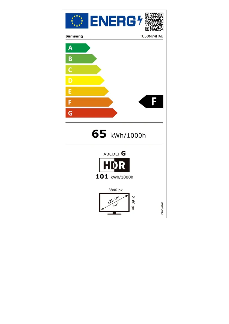 Étiquette énergétique du téléviseur SAMSUNG TU50M74H, classé F, avec une consommation d'énergie de 65 kWh pour 1 000 heures. Ce téléviseur Samsung dispose d'un écran de 125 cm et d'une résolution de 3 840 pixels ; en mode HDR, il consomme 101 kWh pour 1 000 heures.