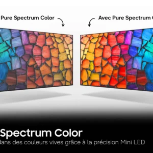 Deux écrans affichent des vitraux colorés, l’un terne, l’autre éclatant grâce à la technologie Pure Spectrum Color du SAMSUNG TU50M74H.