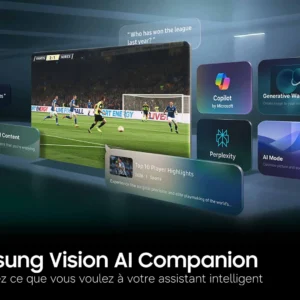 À l'écran, un match de football plein d'action prend vie aux côtés d'icônes d'applications d'IA et de textes en français mettant en avant les fonctionnalités du Samsung Vision AI Companion. Le SAMSUNG TU50M74H offre des images époustouflantes, alliant à la perfection une technologie de pointe pour une expérience visuelle immersive.