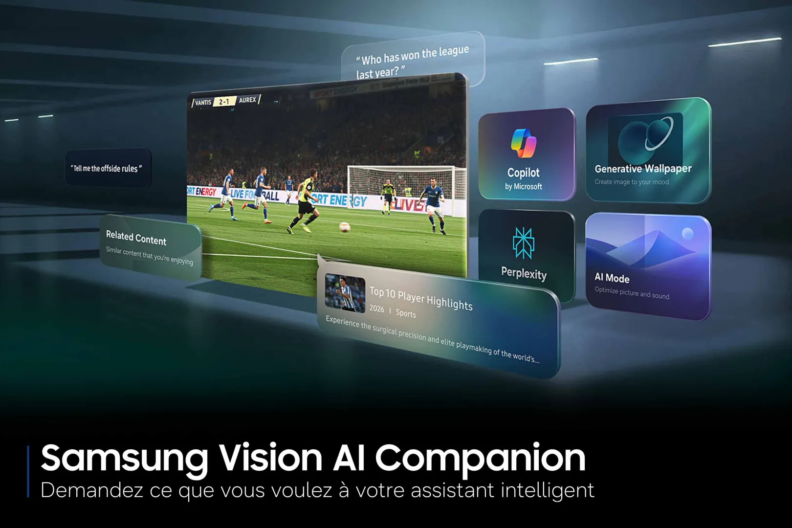 À l'écran, un match de football plein d'action prend vie aux côtés d'icônes d'applications d'IA et de textes en français mettant en avant les fonctionnalités du Samsung Vision AI Companion. Le SAMSUNG TU50M74H offre des images époustouflantes, alliant à la perfection une technologie de pointe pour une expérience visuelle immersive.