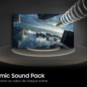 Le téléviseur SAMSUNG TU50M74H présente une scène d'action où des ondes sonores éclatantes semblent jaillir de l'écran.