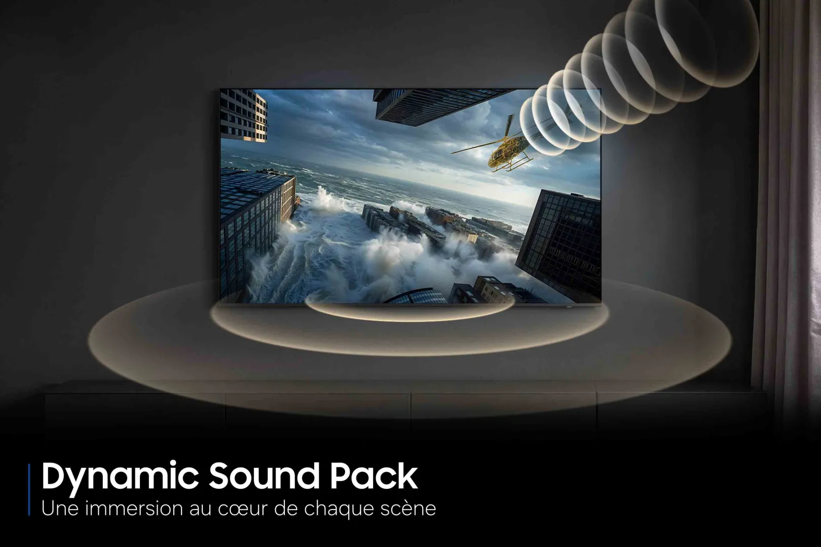 Le téléviseur SAMSUNG TU50M74H présente une scène d'action où des ondes sonores éclatantes semblent jaillir de l'écran.