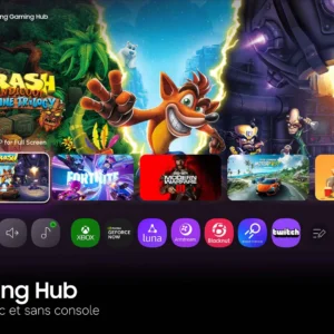 Découvrez le menu « Gaming Hub » de votre SAMSUNG TU50M74H, qui présente des jeux populaires tels que Crash Bandicoot et Fortnite, ainsi que des icônes pour Xbox, GeForce Now, Luna et Twitch. Profitez d'une expérience de jeu et de divertissement fluide avec le SAMSUNG TU50M74H.