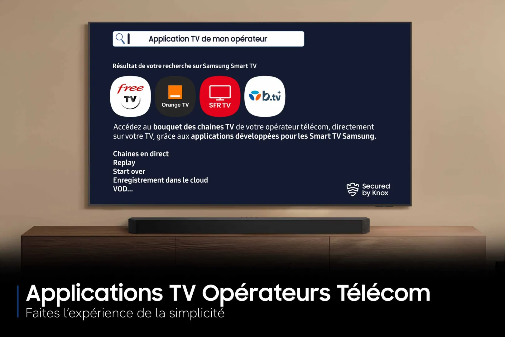 Profitez des chaînes de télévision de votre opérateur directement sur le SAMSUNG TU50M74H, doté d'un écran de 50 pouces affichant les icônes des applications de télévision des opérateurs, accompagnées d'instructions en français, pour un accès en toute simplicité via votre Smart TV Samsung.